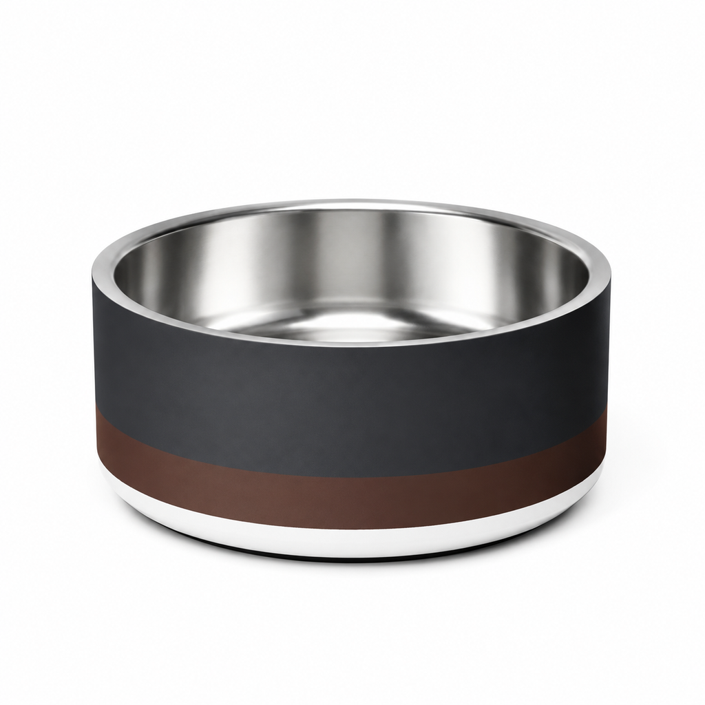 Two tone striped stainless steel dog bowl, dark charcoal, espresso, on a white background
