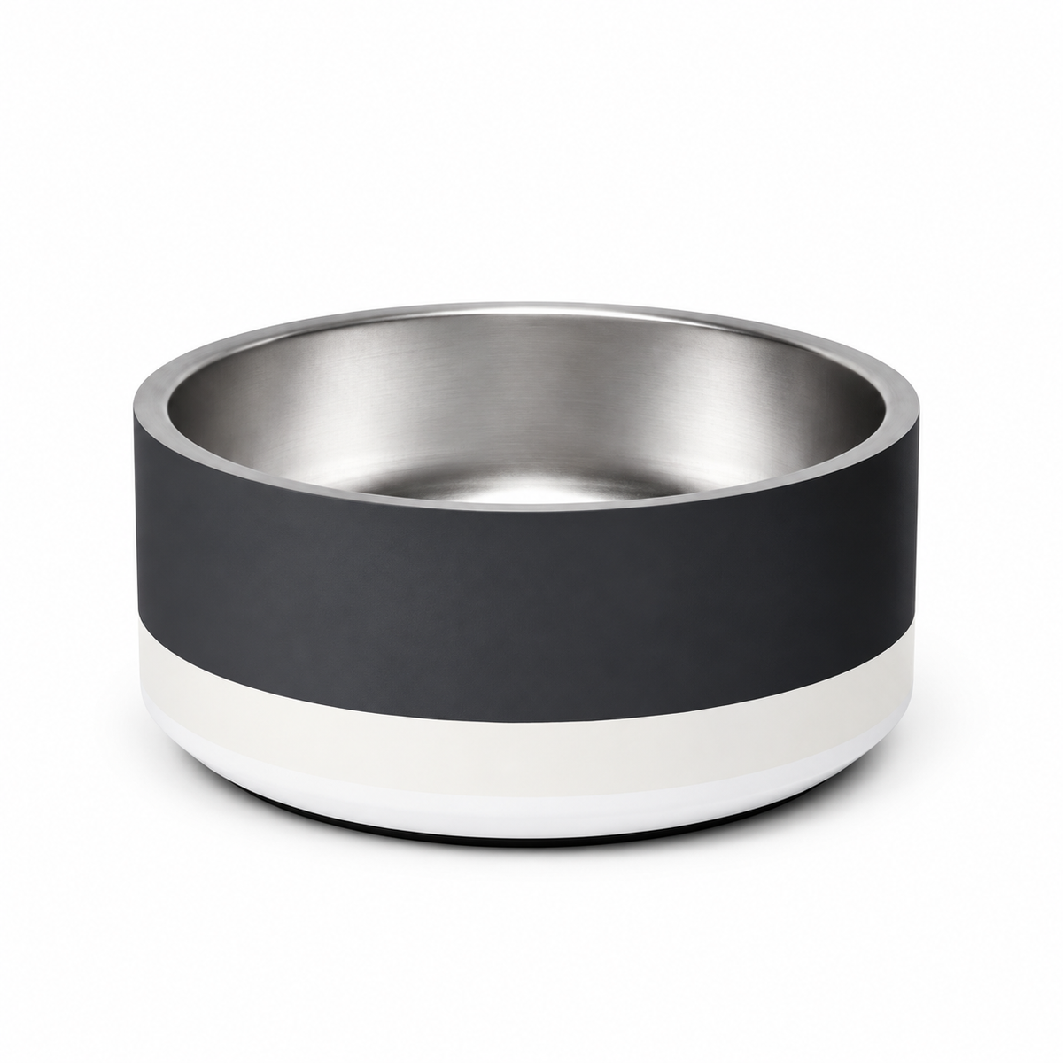 Premium two tone stripped dark charcoal and ivory stainless steel 32 oz., with nonslip base, on a studio white background.