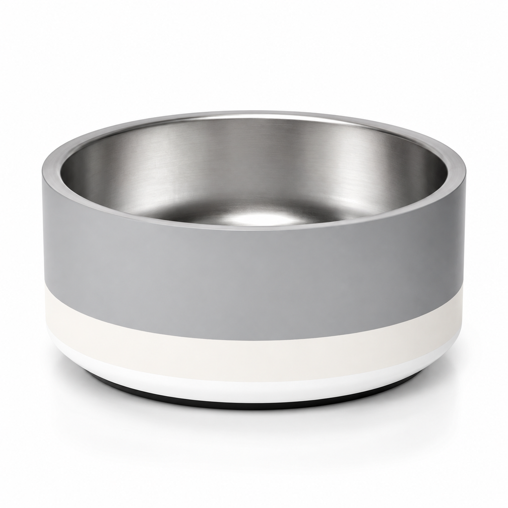 Premium two tone stripped soft graphite and ivory stainless steel 32 oz., with nonslip base, on a studio white background.