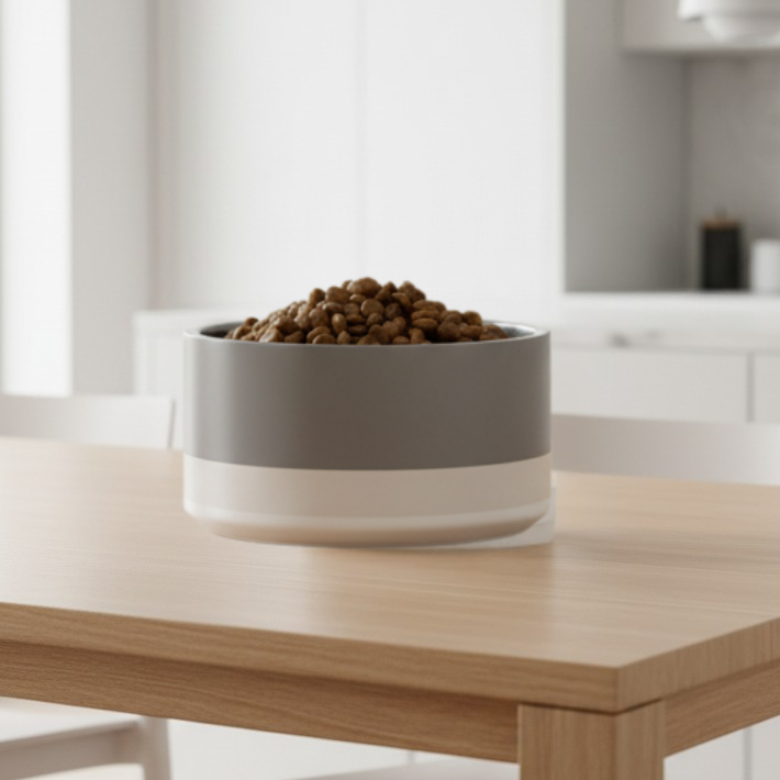 Soft graphite and Ivory two tone 32 oz. stainless steel dog bowl with kibble on a modern wood table