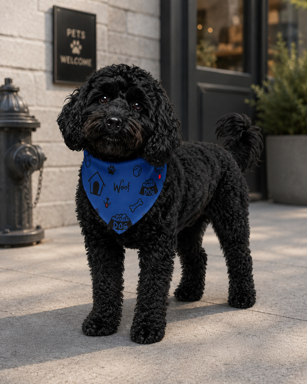 Black dog wearing a blue bandana standing on a sidewalk with a 'Pets Welcome' sign in the background.