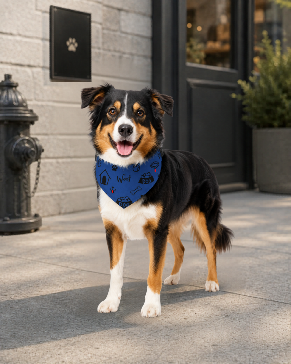 Dog wearing a blue collar with paw prints on a sidewalk.