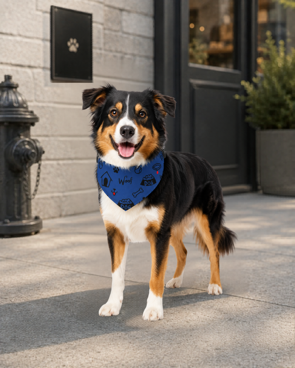 Dog wearing a blue collar with paw prints on a sidewalk.