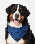 Dog wearing a blue bandana with text and paw prints on a white background