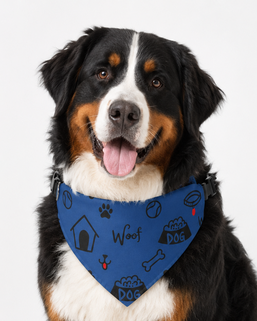 Dog wearing a blue bandana with text and paw prints on a white background