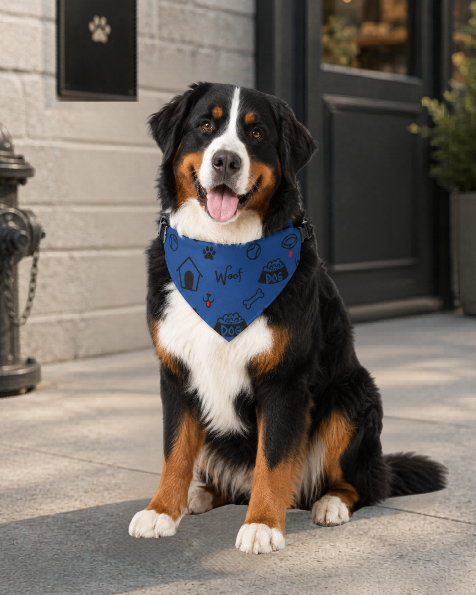 Dog wearing a blue bandana sitting on a sidewalk with a building and fire hydrant in the background.