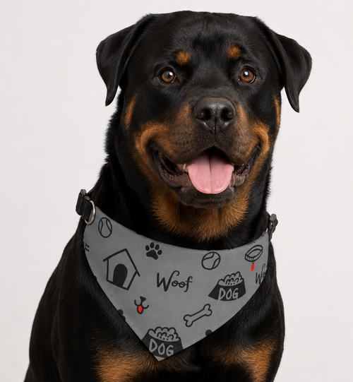 Rottweiler wearing a gray bandana with dog-themed patterns on a light gray background