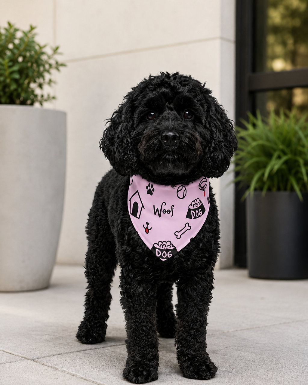 Black dog wearing a pink bandana with paw prints and text, standing on a patio.