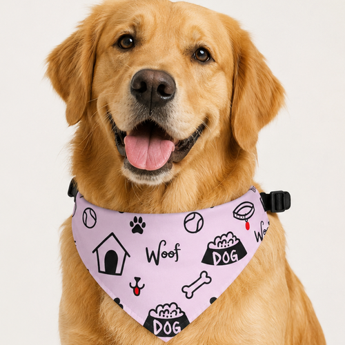 Dog wearing a dog collar with black text and icons on a light background