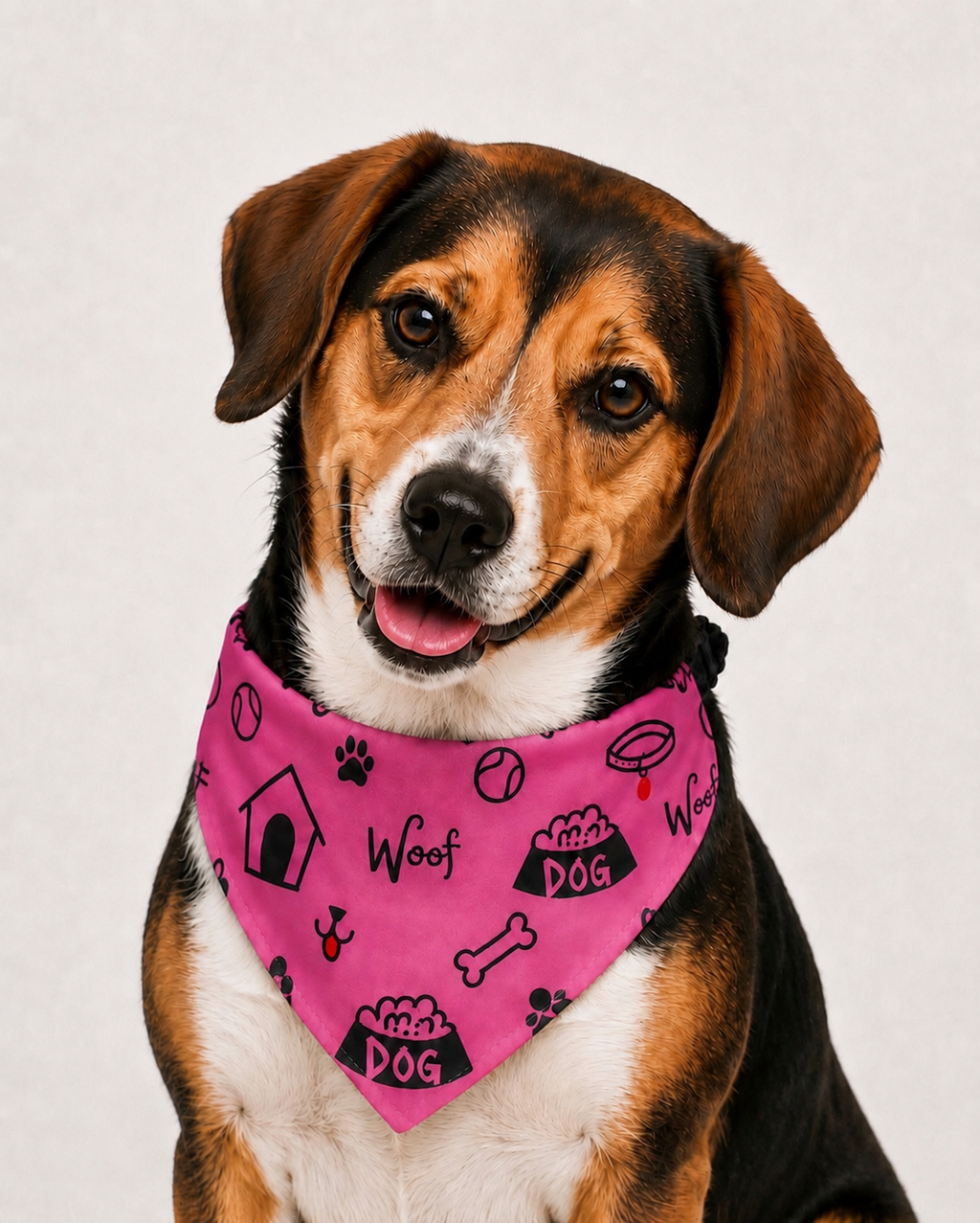 Close up of Dog wearing a pink collar bandana with pet-themed icon designs on a plain background, by Uncommon Canine Couture Co