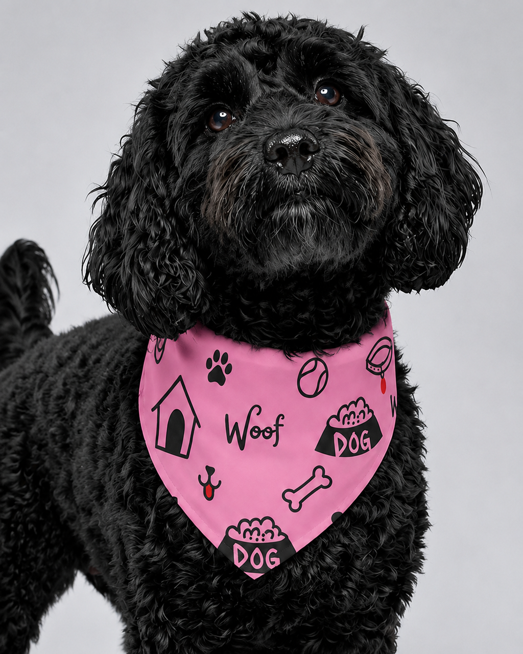 Black dog wearing a pink collar bandana combination with modern icon themed designs on a gray background