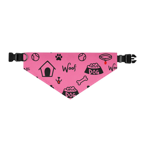 Pink dog collar with black paw prints, 'Woof' text, and dog-themed icons.