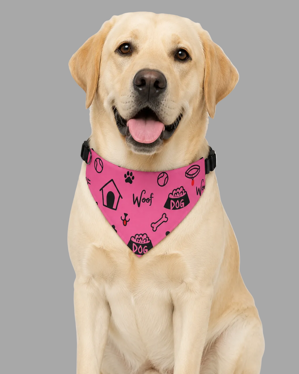 Dog wearing a pink bandana with black text and graphics on a white background