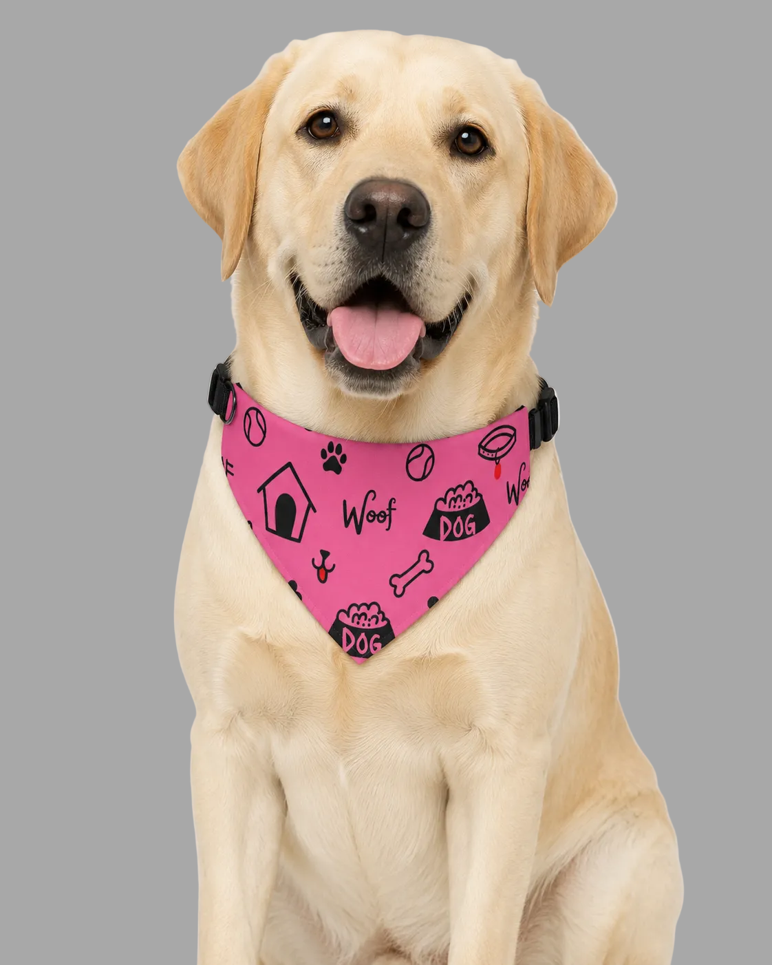 Dog wearing a pink bandana with black text and graphics on a white background