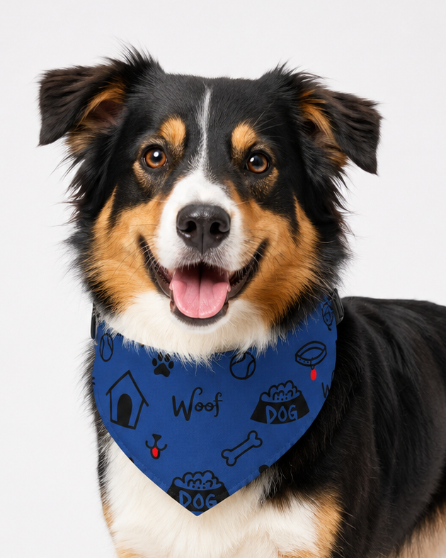 Dog wearing a blue collar-with paw prints, 'Woof', and dog-themed designs on a white background