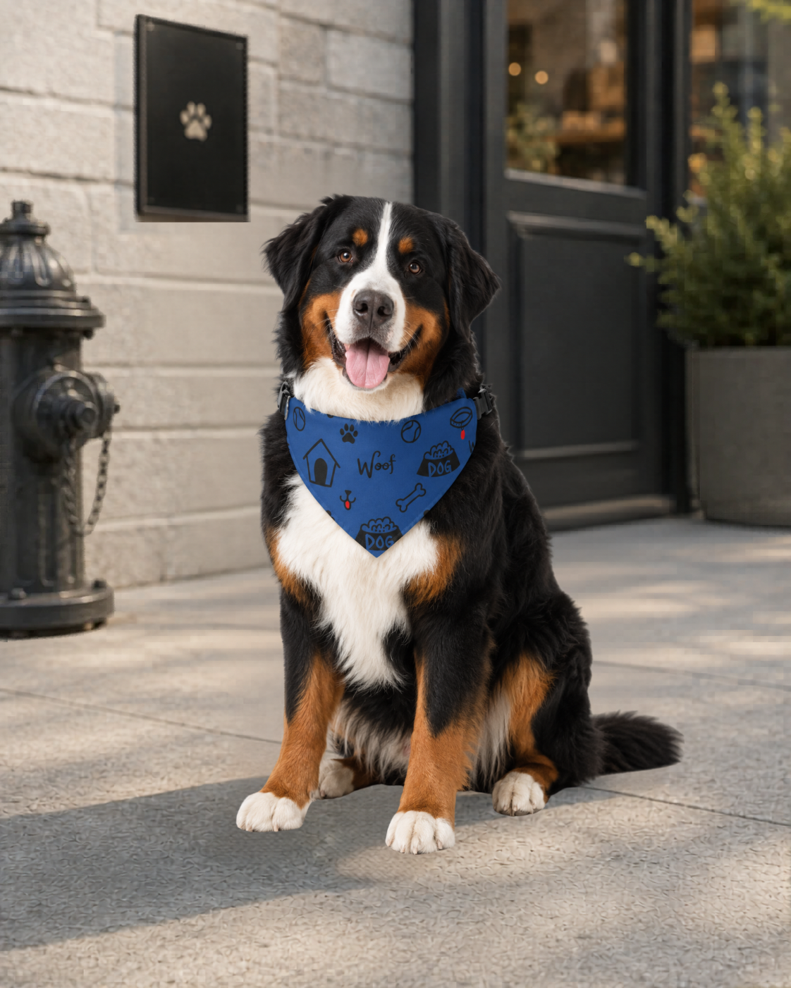 Dog wearing a blue bandana sitting on a sidewalk with a building and fire hydrant in the background.