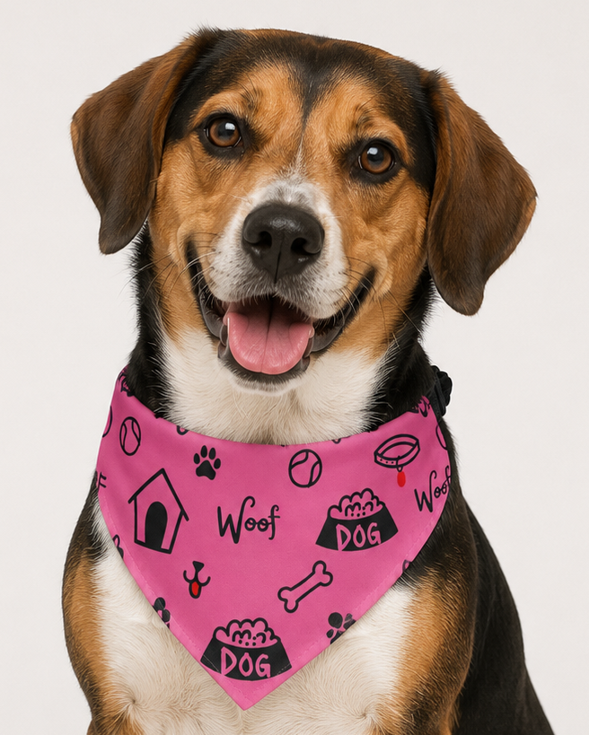 Dog wearing a pink collar with pet-themed designs on a plain background