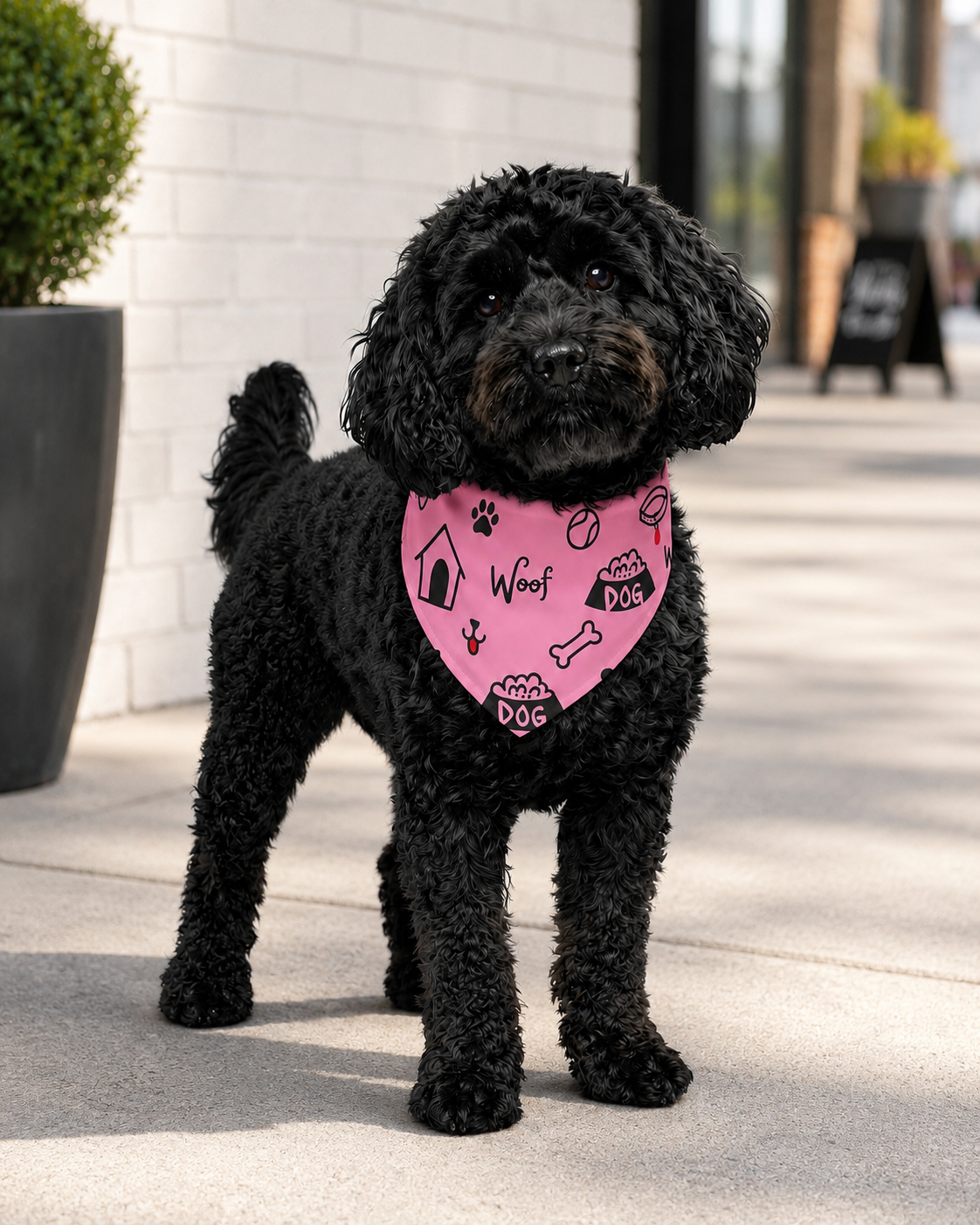 Black dog wearing a pink collar with paw prints and dog-themed designs on a sidewalk.