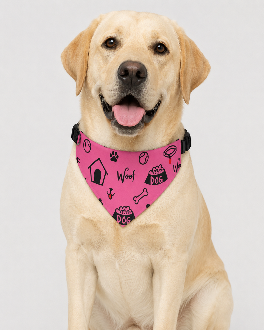 Dog wearing a pink bandana with black text and graphics on a white background