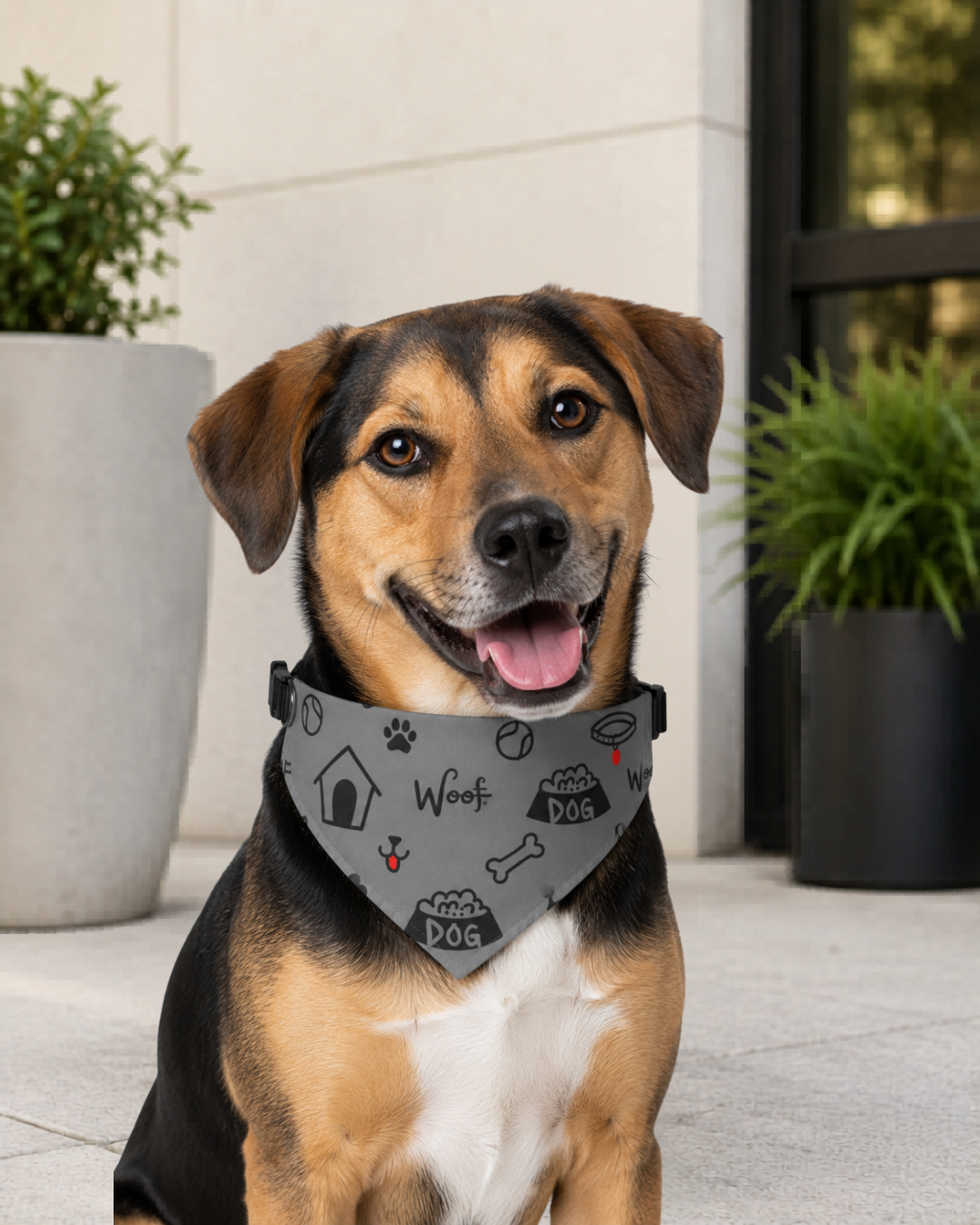 Dog wearing a bandana with a pattern of dog-themed designs, sitting outdoors.