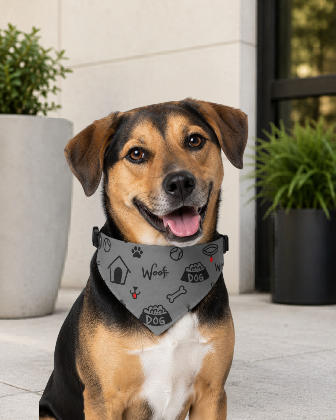 Dog wearing a bandana with a pattern of dog-themed designs, sitting outdoors.