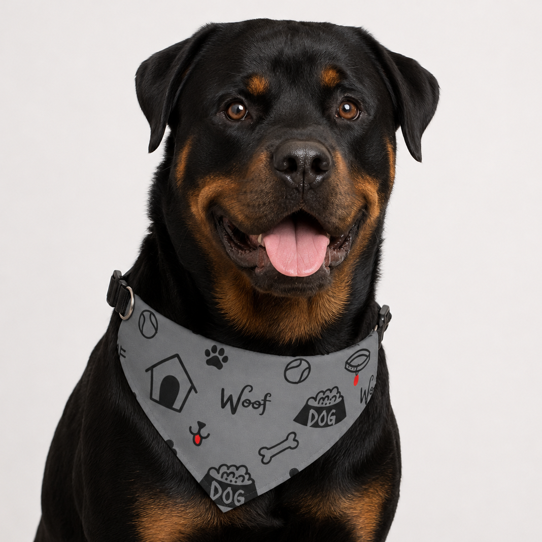 Rottweiler wearing a gray bandana with dog-themed patterns on a light gray background