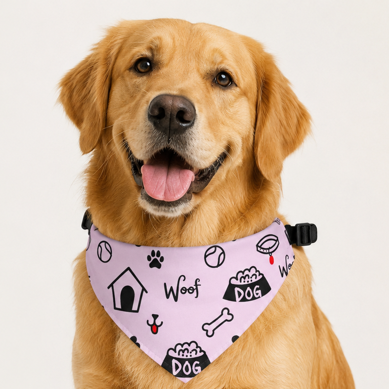 Dog wearing a dog collar with black text and icons on a light background