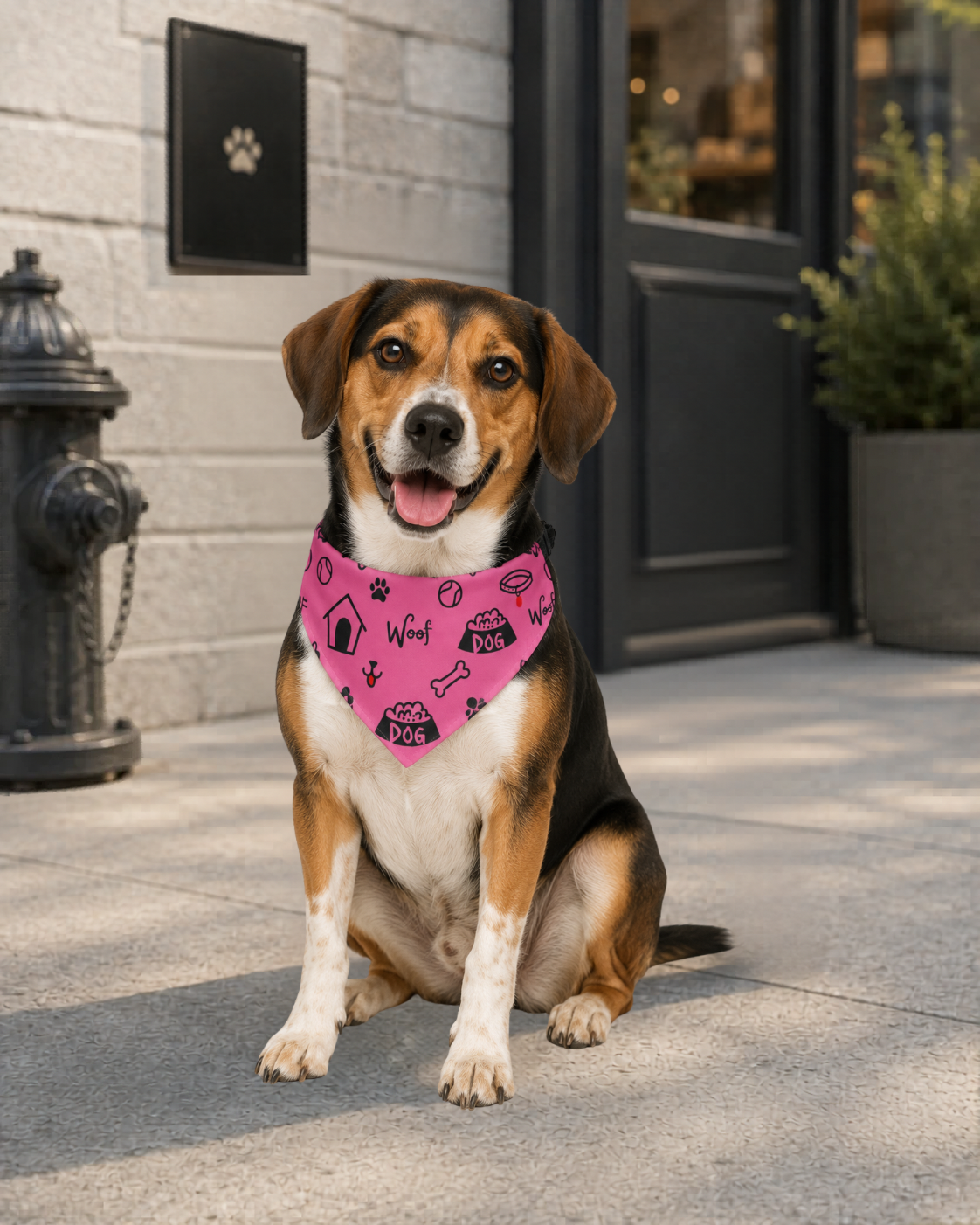 Beagle wearing pink dog icon pattern collar outside upscale Street view