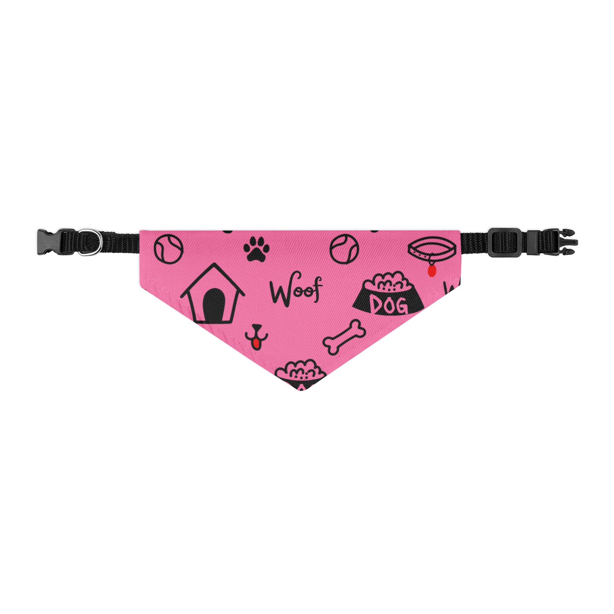 Pink dog collar with black buckle and dog icon patterns.
