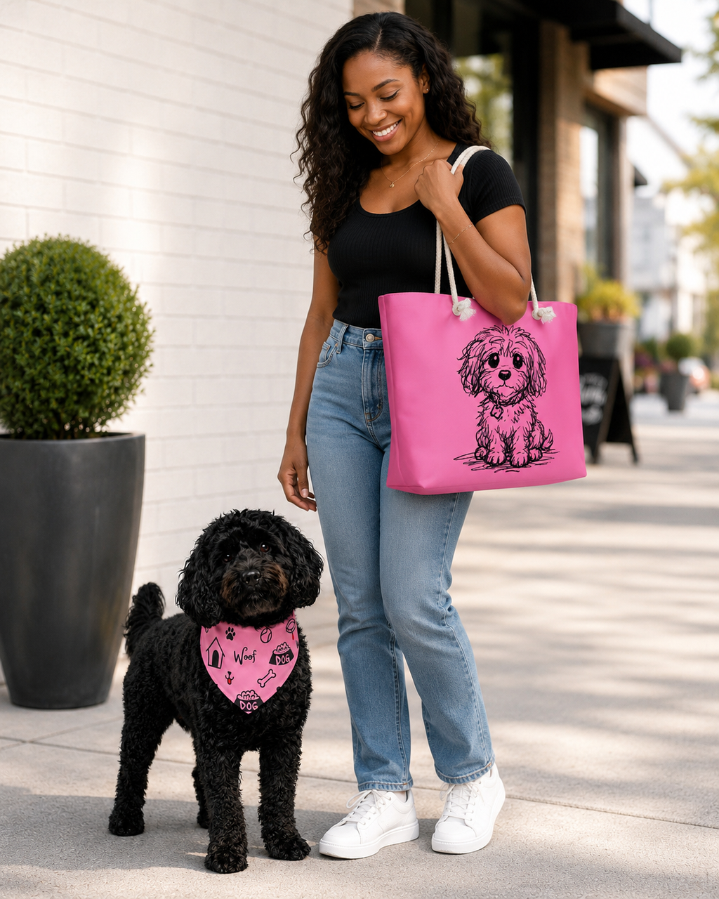 Pink weekender all over stylish luxury dog lovers over sized tote, matching icon dog collar.