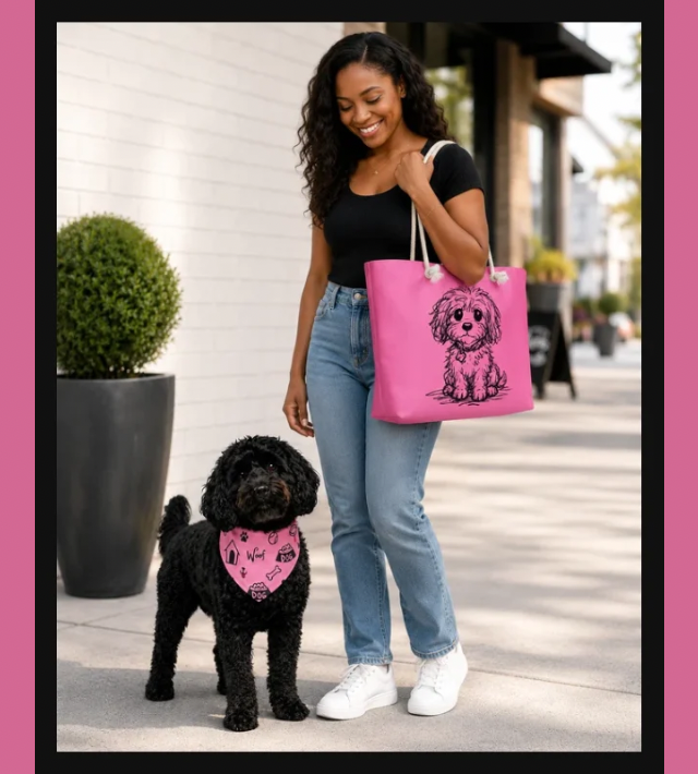 Woman holding a pink tote bag with a dog illustration, standing next to a black dog wearing a pink bandana.