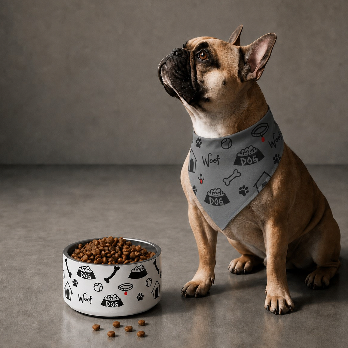 Dog wearing a bandana sitting next to a dog bowl of kibble on a gray background