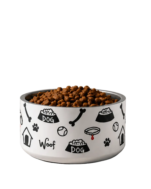 A white dog bowl decorated with black dog-themed illustrations including bowls, paw prints, and the word 'Woof'.