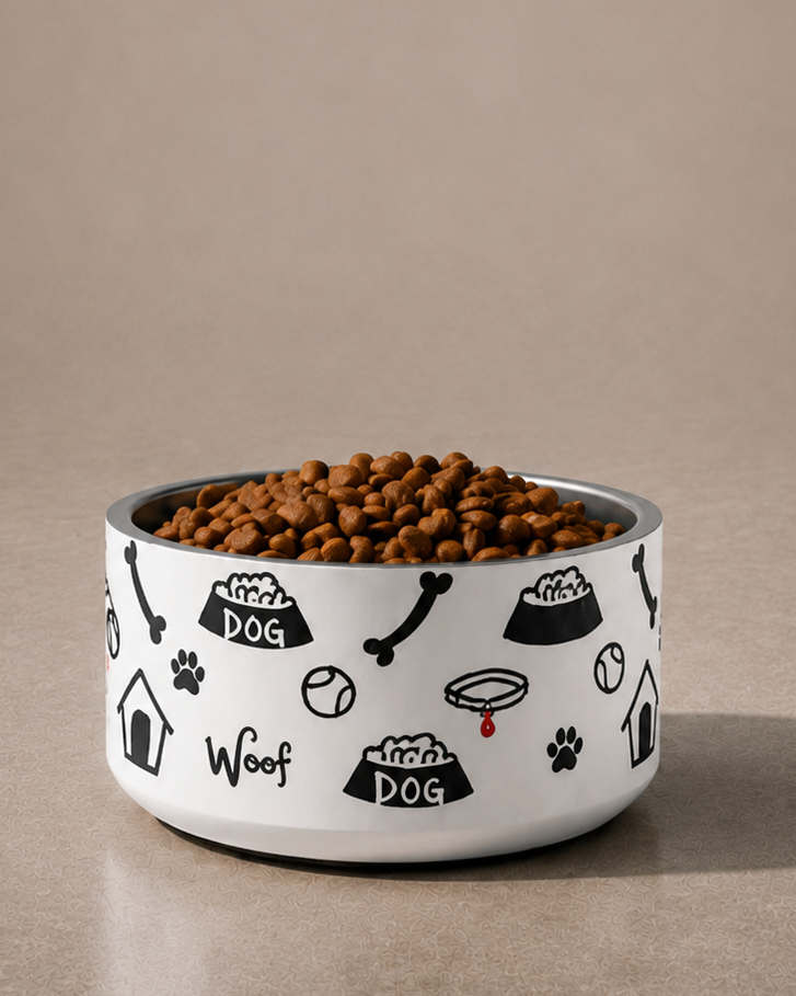  White stainless steel dog bowl with black modern dog icon pattern and kibble, by Uncommon Canine Couture Co.
