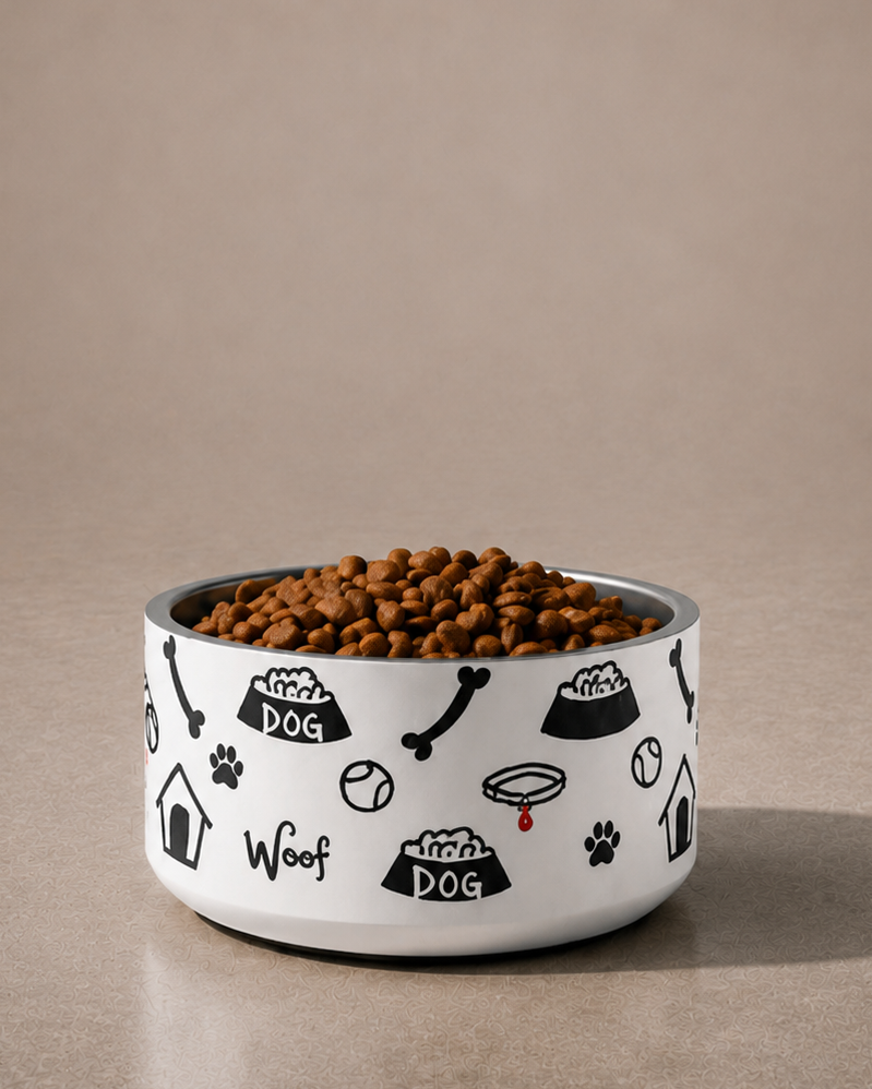 White ceramic dog bowl with black illustrations filled with dog food on a beige background