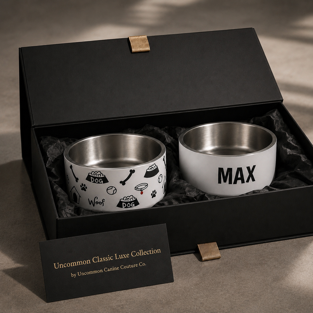 A luxury pet gift set from Uncommon Classic Luxe Collection, featuring two stainless steel bowls.