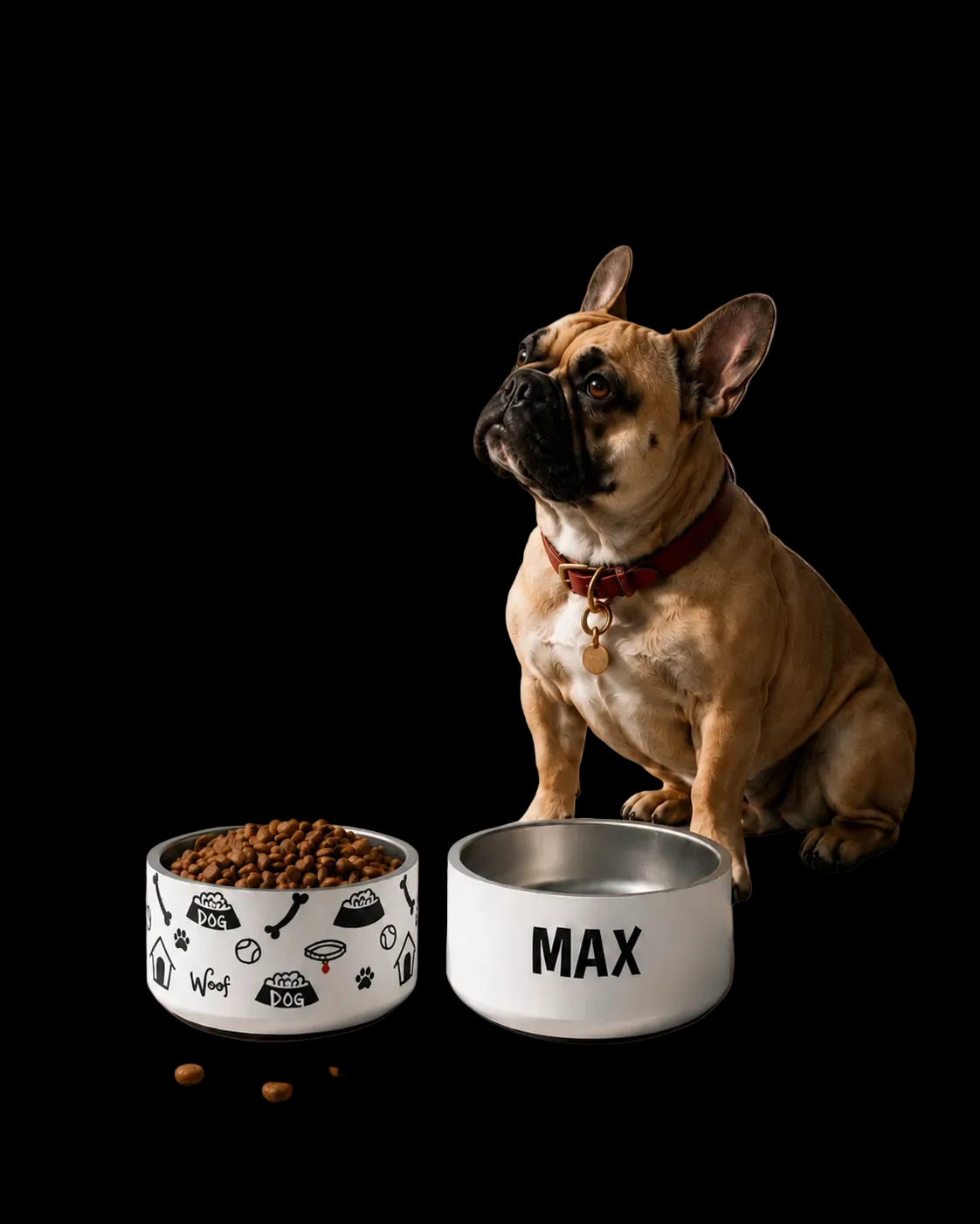 A French Bulldog sits between two luxury stainless steel pet bowls personalized and custom on a solid black background.