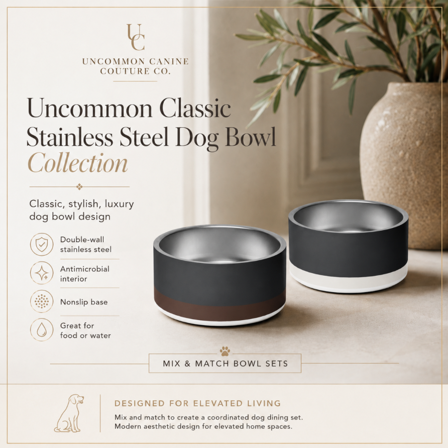 Classic Stainless Steel Dog Bowl Collection Ad card. Antimicrobial, no-ship base, stylish luxury earth tone colors, designed to mix-and-match.