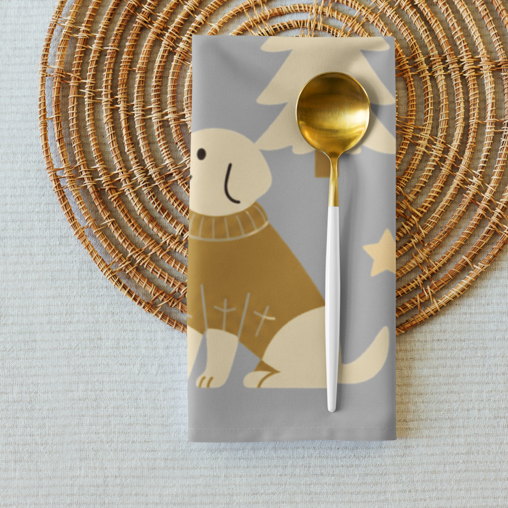 A very Canine Christmas | Cloth Napkin Set of 4 Silver, Gold and Cream