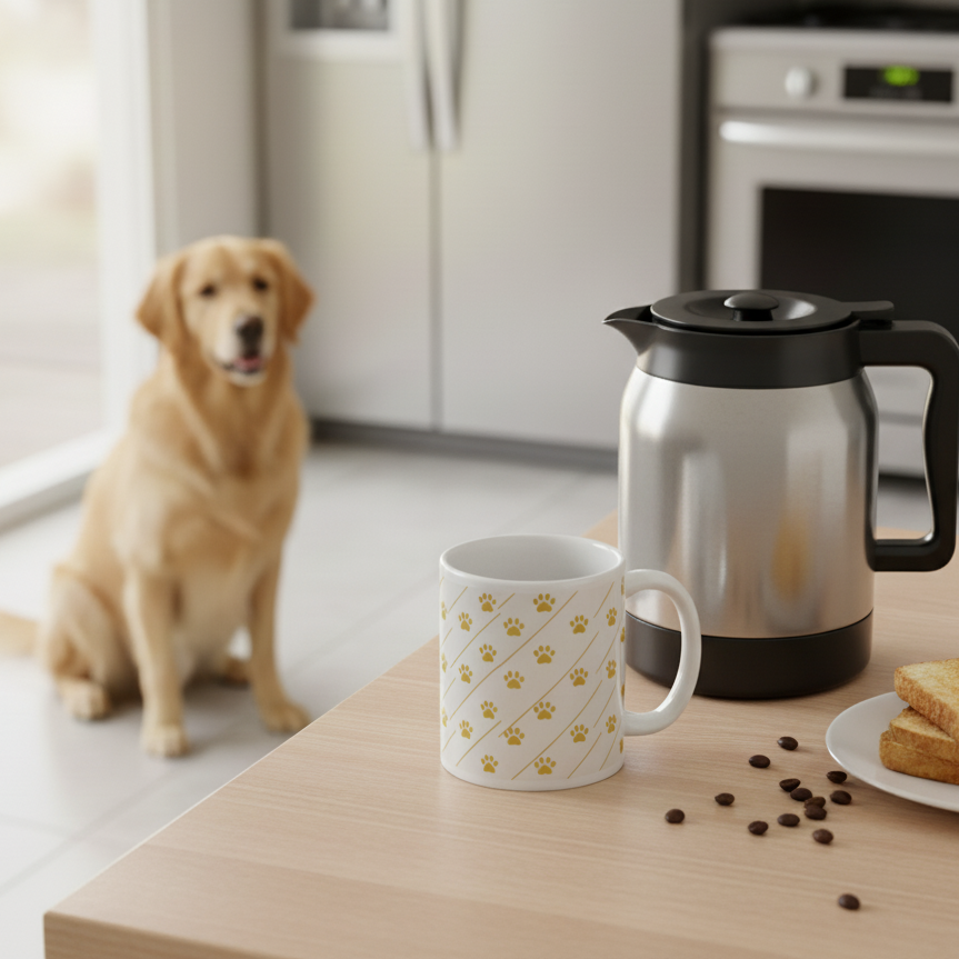 Dog sitting on a kitchen floor next to a coffee maker, mug, and plate of toast.