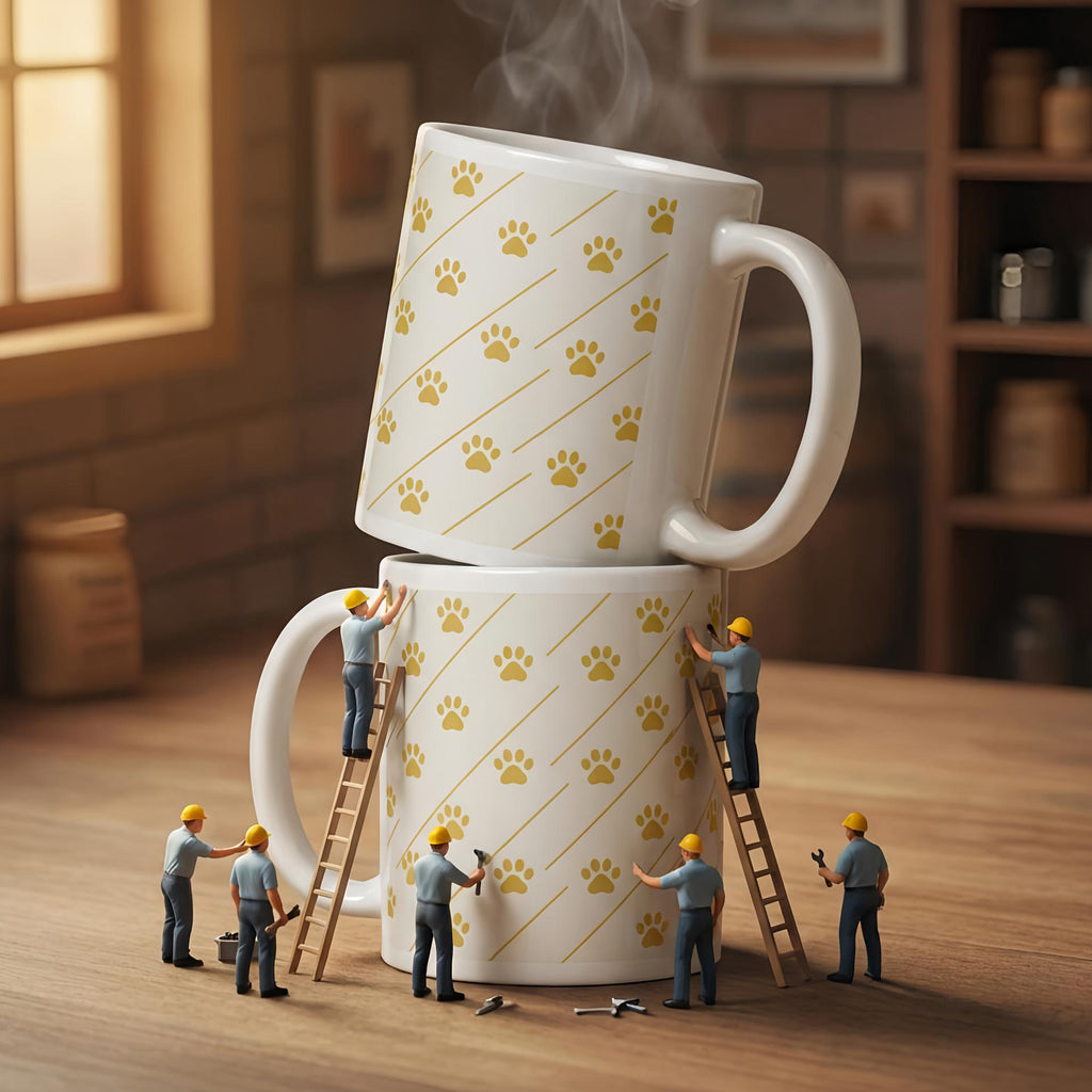 Two large mugs with paw prints stacked on a wooden floor, with miniature figures working on them.