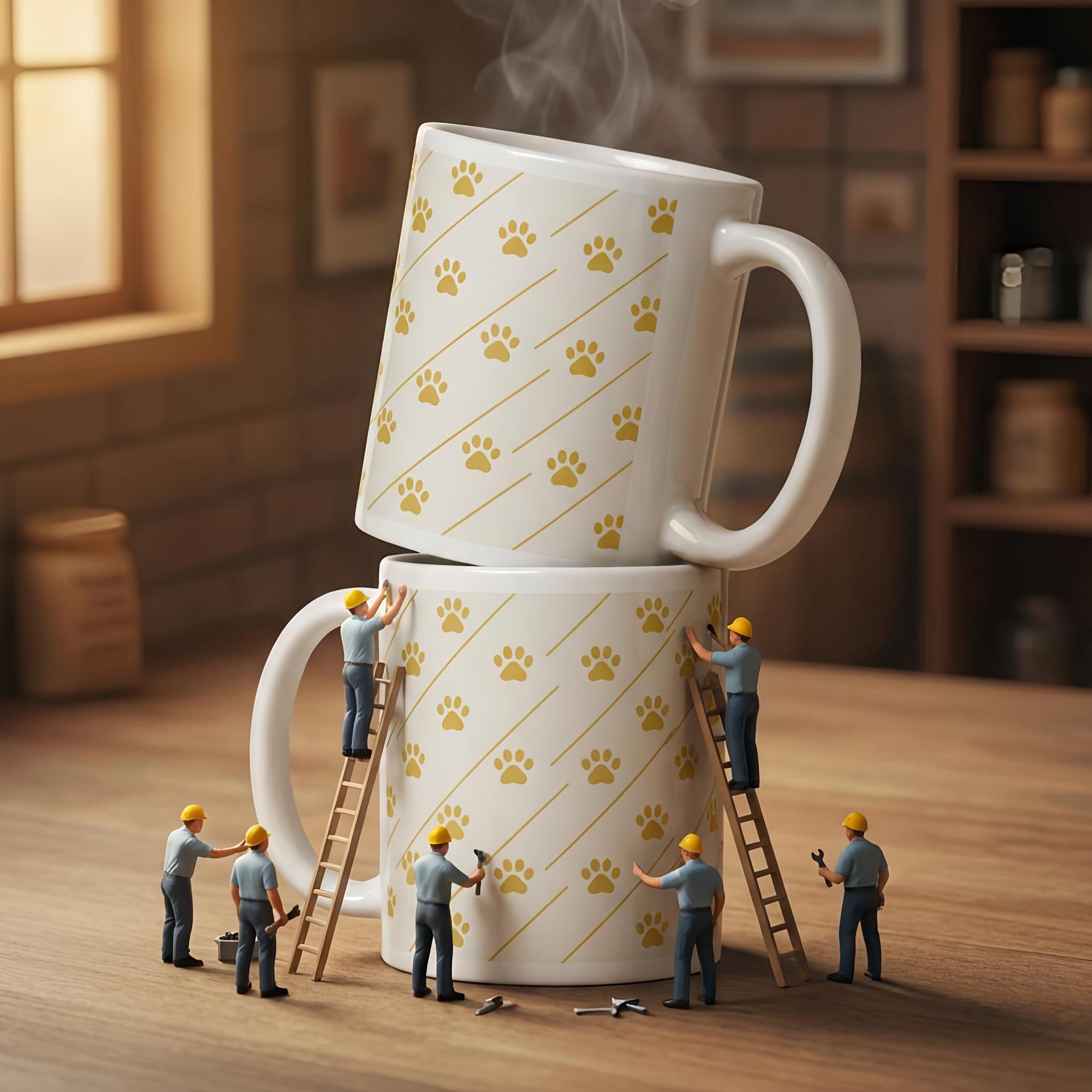 Two large mugs with paw prints stacked on a wooden floor, with miniature figures working on them.