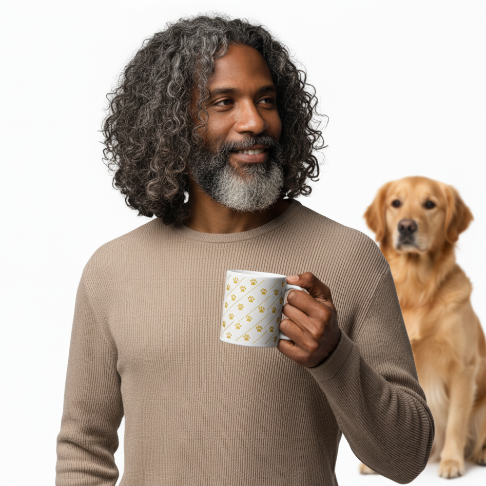 Man holding a mug with a dog sitting behind him on a white background