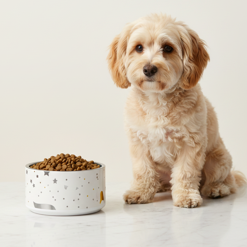 Small dog sitting next to a bowl of kibble on a light background
