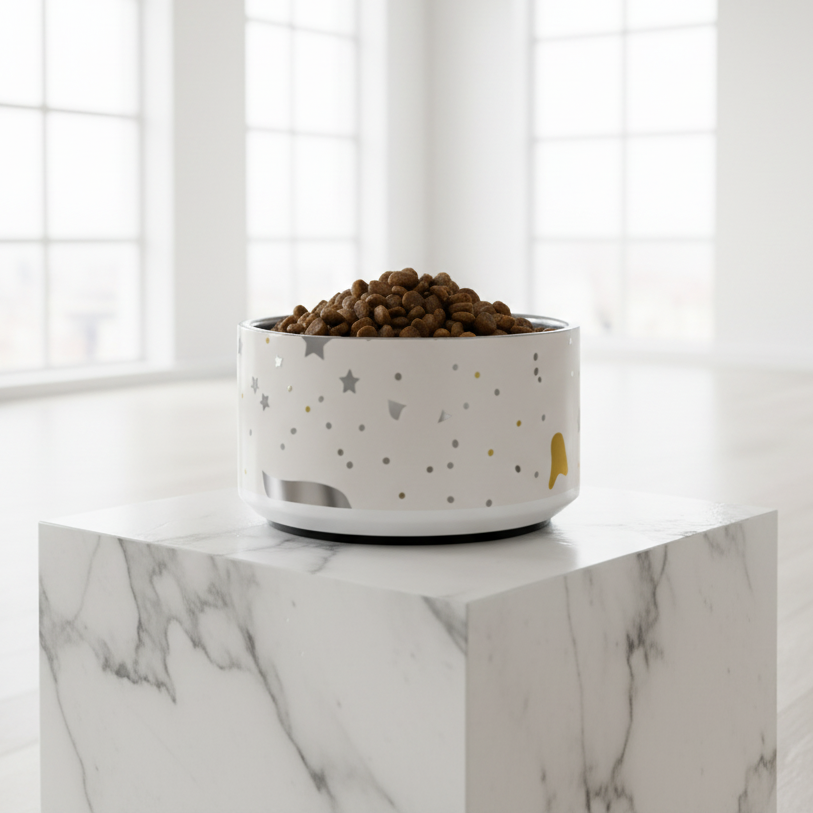 Ivory Whisper  bowl with modern pattern filled with dog food on a marble surface