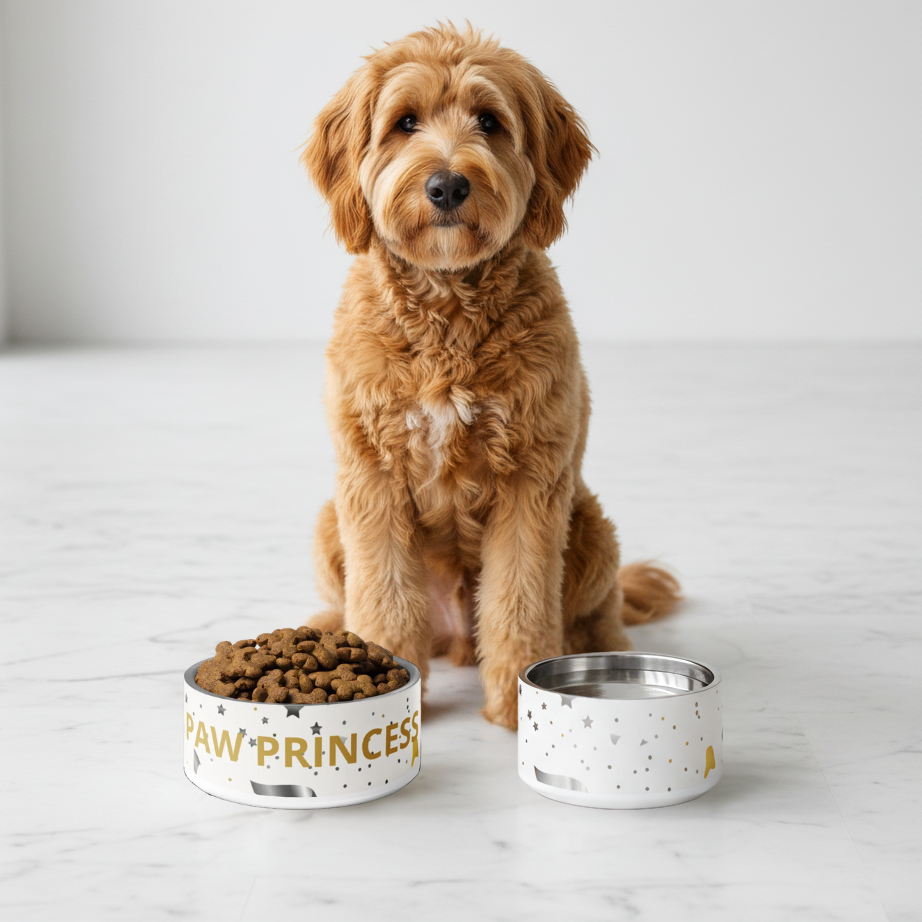 Dog sitting next to a 'Paw Princess' pet bowl on a white surface