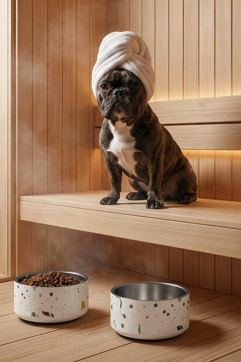 Dog in a sauna with a towel on its head, surrounded by wooden walls and two bowls.
