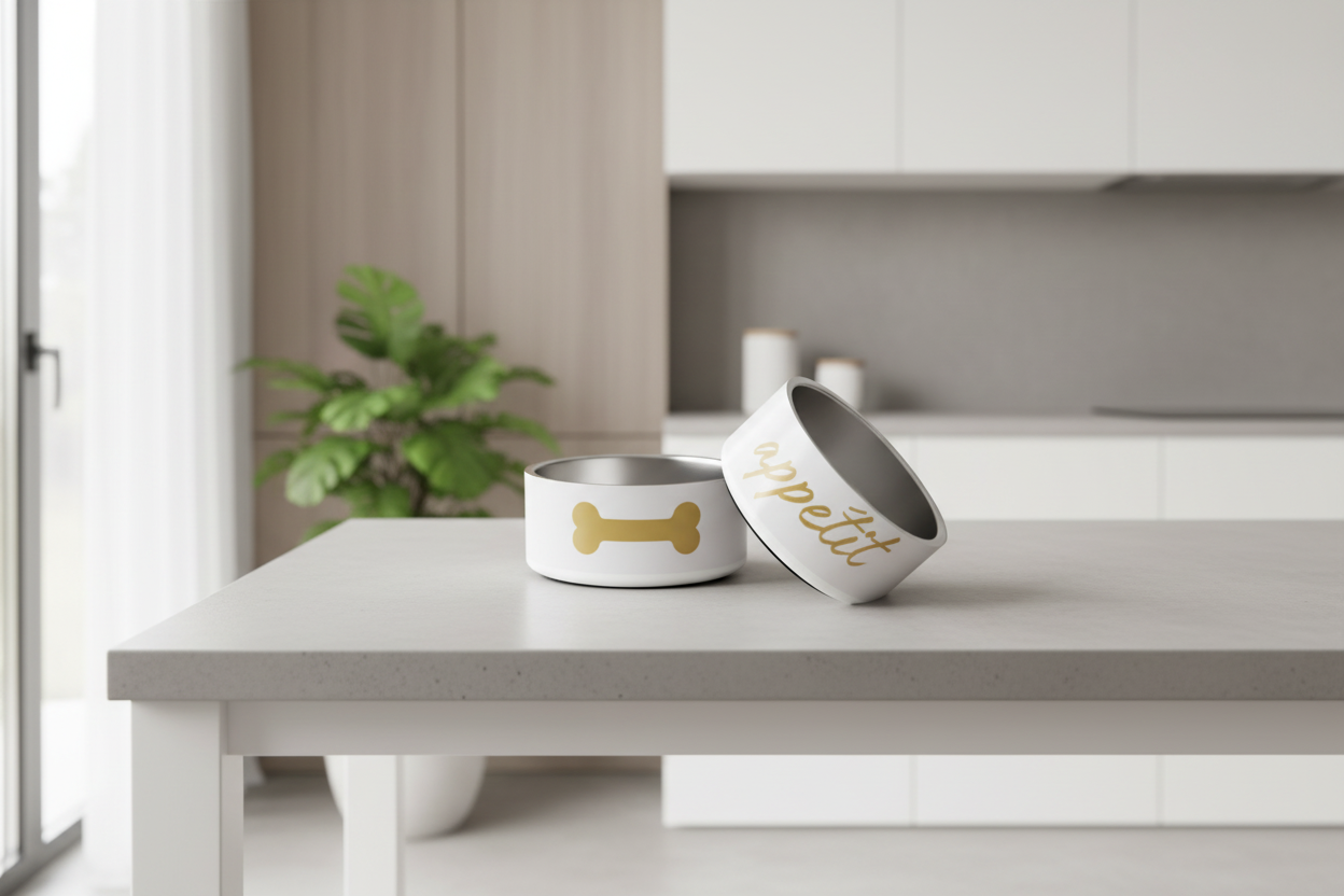 Two dog bowls with a gold bone design and 'appétit' text on a gray surface.