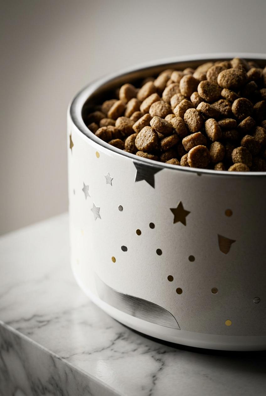 White bowl with star patterns filled with dog food on a marble surface