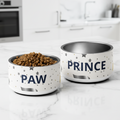 Two pet bowls with 'PAW' and 'PRINCE' printed on them, one containing kibble, on a kitchen counter.